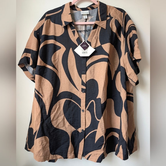 Ava & Viv Black And Tan No Gap Button Front Short Sleeve Blouse Size 2x NEW - Picture 2 of 7